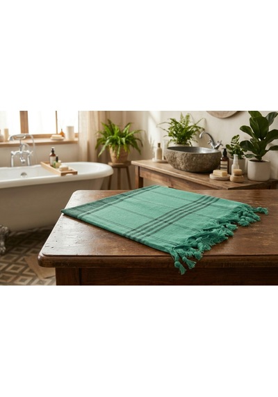 Ludıa Otantik Püsküllü %100 Pamuklu Büyük Boy Yeşil Siyah Çizgili Peştemal Havlu 78x195 Cm Yeşil - Siyah
