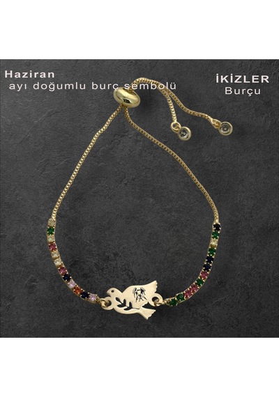 Archin İkizler Burçlarına 14 Ayar Altın Plakalı Kuş Motifli Renkli Taş Desenli Hediye Bileklik-353burç İkizler Archin İkizler Burçlarına 14 Ayar Altın Plakalı Kuş Motifli Renkli Taş Desenli Hediye Bileklik-353burç İkizler