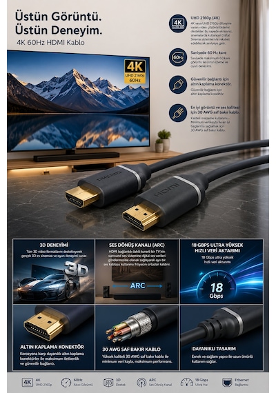 Philips Swv5610g/00 Hdmı 2.0 Kablo 1.5 Metre 4k 60hz 18gbps Arc 3d Ethernet Altın Uçlu