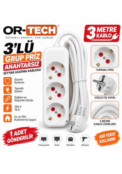 Or-tech 3'lü Priz Üçlü Priz Anahtarsız Seyyar Uzatma Kablosu Grup Priz 3 M