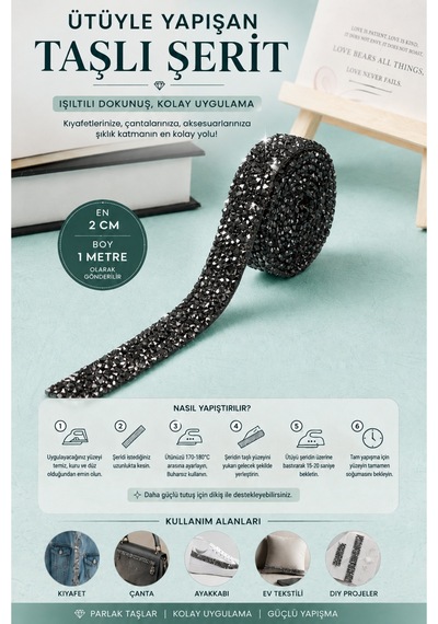 Black Diamond / Antrasit Ütüyle Yapışan Taşlı Şerit Aplik 2 Cm X 1 Metre Abiye Elbise Süsleme Diğer