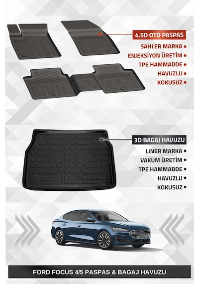 Sahler Focus 4/5 2019+ Sedan Uyumlu 4.5d Premium Havuzlu Paspas Ve Liner Marka 3d Bagaj Havuzu