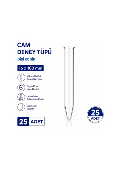 16x100 Mm Cam Deney Tüpü Dibi Konik 25 Adet Laboratuvar Test Tüpü