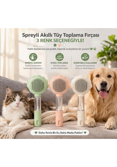 Spreyli Kedi Köpek Tüy Toplama Fırçası - Su Hazneli Kendinden Temizlemeli Tarak - Paslanmaz Çelik Uçlu - Masaj Etkili Evcil Hayvan Tarağı - Tüy Dökülme Karşıtı Fırça - Beyaz