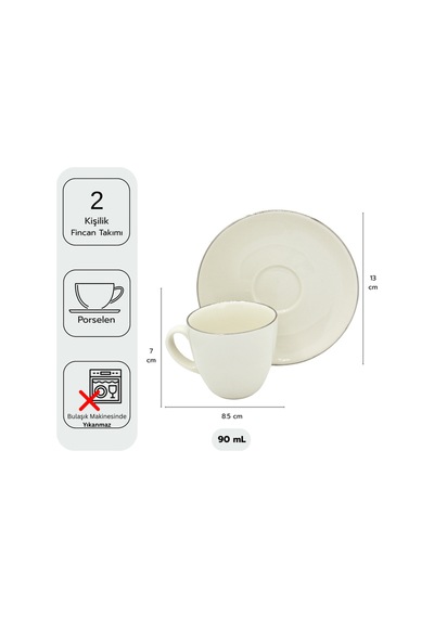 Platin Yaldızlı Krem 2 Kişilik Porselen Kahve Fincan Takımı Gümüş