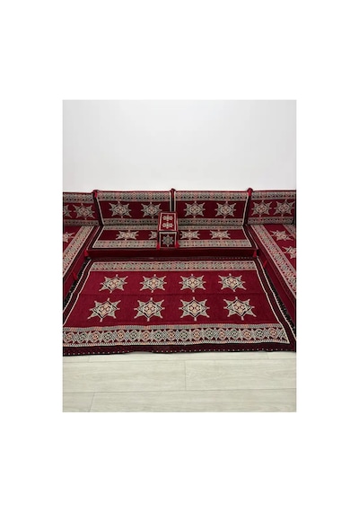 Yıldız Modeli Bordo Otantik Şark Köşesi Takımı U Set - Geleneksel Yer Minderi Seti 10 Cm Minder Kalınlığı 15 Parça