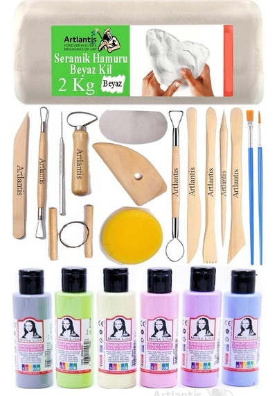 Beyaz Seramik Hamuru 2 Kg Seramik Başlangıç Seti Ebeşuar Modelleme Monalisa 6 Renk Pastel Akrilik Boya Fırça 70ml Heykel