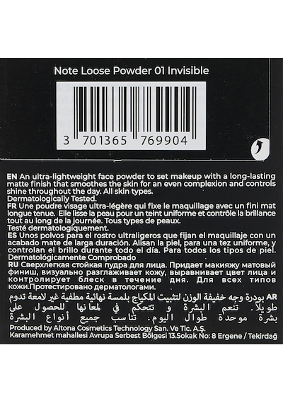 Note Cosmetics Loose Powder 01 Invisible Makyaj Sabitleyici Matlaştırıcı Toz Pudra Sku: Smg8690010442499