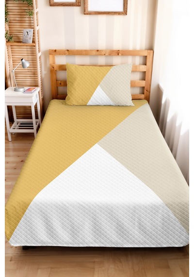 Sarı Geometrik Modern Genç Odası Tek Kişilik Pike Takımı - Ekru Kapitone 160x220 Cm Yatak Örtüsü Sarı