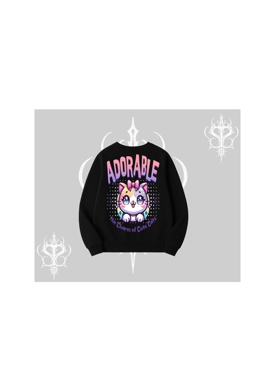 Tarzsokak Adorable Kawaii Kedi Arka Baskılı Biskilet Sweatshirt Siyah