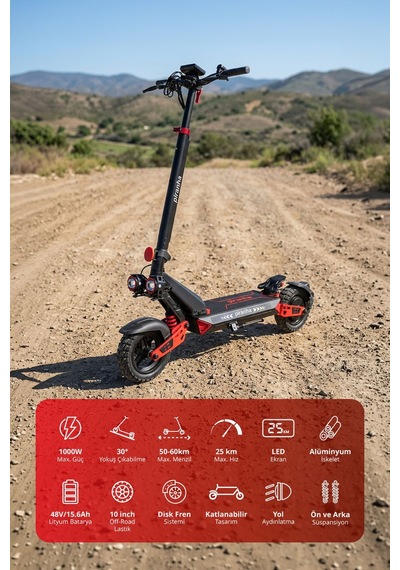 5025-k 1000w Elektrikli Scooter 48v 15.6ah 50-60 Km Menzil Katlanabilir Çift Süspansiyon Off-road Lastik Kırmızı