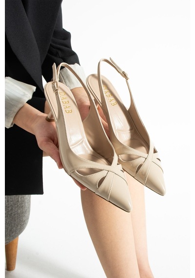 Dabab Shoes Sıeny Kadın Bej 6 Cm Topuklu Arkası Açık Tokalı Sivri Burun Rugan Ayakkabı