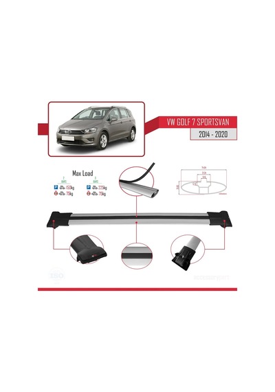 Volkswagen Golf 7 Sportsvan 2014-2020 Arası İle Uyumlu Fly Model Ara Atkı Tavan Barı Gri