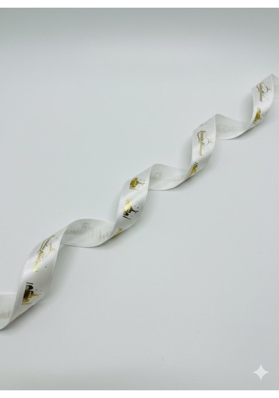 Ramadan Mubarak Yazılı Hediye Paketleme Kurdelesi, Altın Varaklı Saten Kurdele, 2.5cm X 5m, Krem Standart