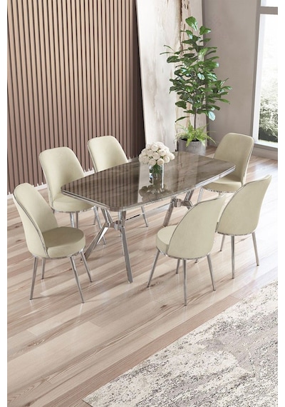 Canisa Lena Serisi 90x160 Lak Panel Antrasit İroni Krom Kaplama Ayaklı Masa Takımı Ve 6 Krem Sandalye Antrasit İroni Masa Krem Sandalye Ayaklar Krom