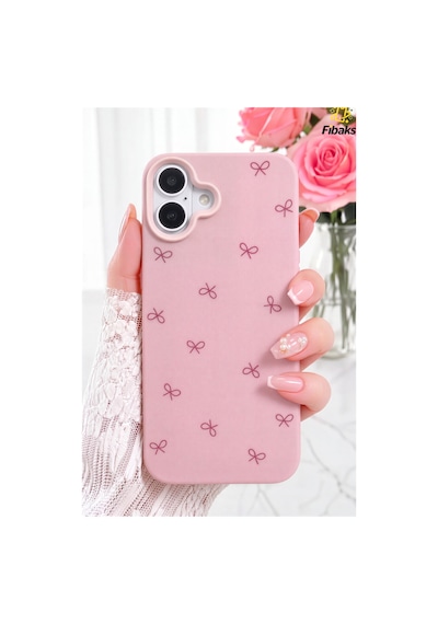 Fibaks iPhone 16 Uyumlu Kılıf Çizgi Fiyonk Desenli Yumuşak Silikon Pembe