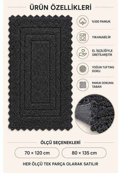 Alanur Bodrum Tufting Cotton Pamuklu El Işi Örgülü Paspas 110 80 X 135 Cm Siyah