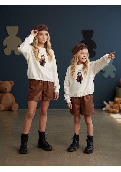 Kız Çocuk İki İplik Ayıcık Nakışlı Tasarım Sweatshirt-16467 Ekru Kahve