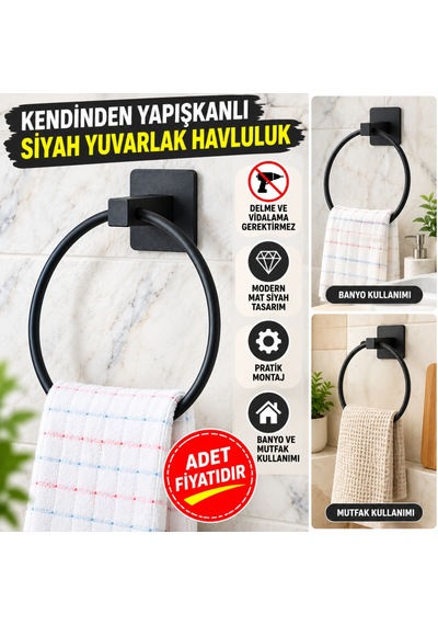Kendiliğinden Yapışkanlı Siyah Paslanmaz Metal Yuvarlak Havluluk Adet Fiyatıdır Diğer