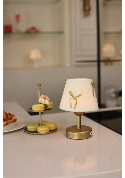 Krem Kadife Süet Gold Fiyonk Kablosuz Şarjlı Masa Lambası - Alt Eskitme Gold Eskitme Gold