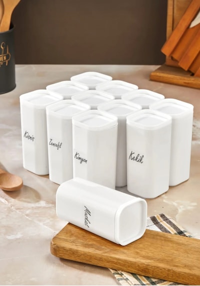 Etiketli 12'li 300 Ml Vakumlu Kapak Mika Beyaz Baharatlık Takımı - Sızdırmaz Conta Saklama Kabı Beyaz