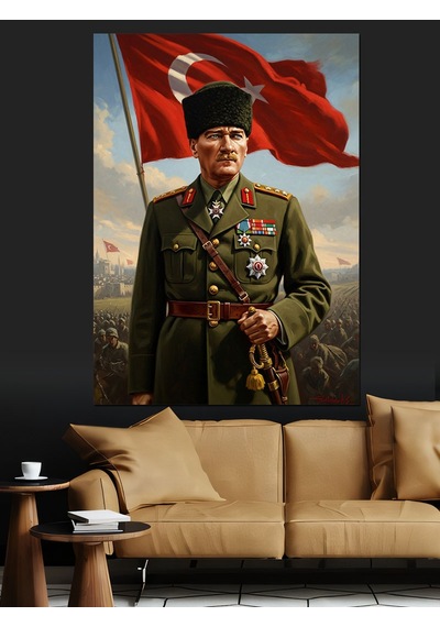 Atatürk Türk Bayrağı Altında Üniformalı Dekoratif Kanvas - Mdf Ahşap Tablo