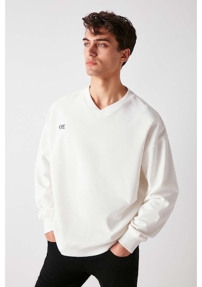 Grımelange Off  Erkek Organik Pamuklu Yazı Nakış Detaylı V Yakalı Içi Polarsız Oversize Beyaz Sweatshirt