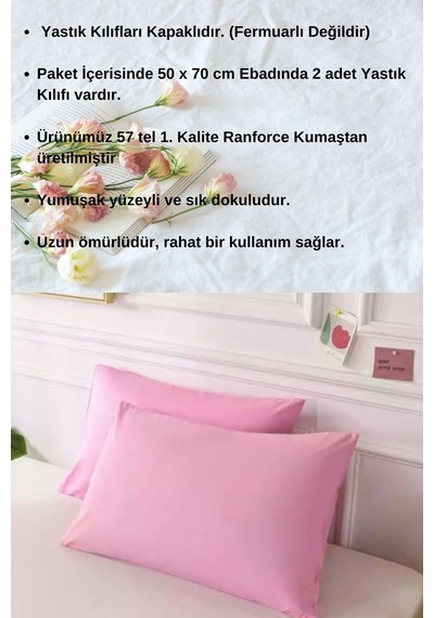 Pembe Renkli Pamuklu Ranforce Kumaştan Yastık Kılıfı 2 Adet