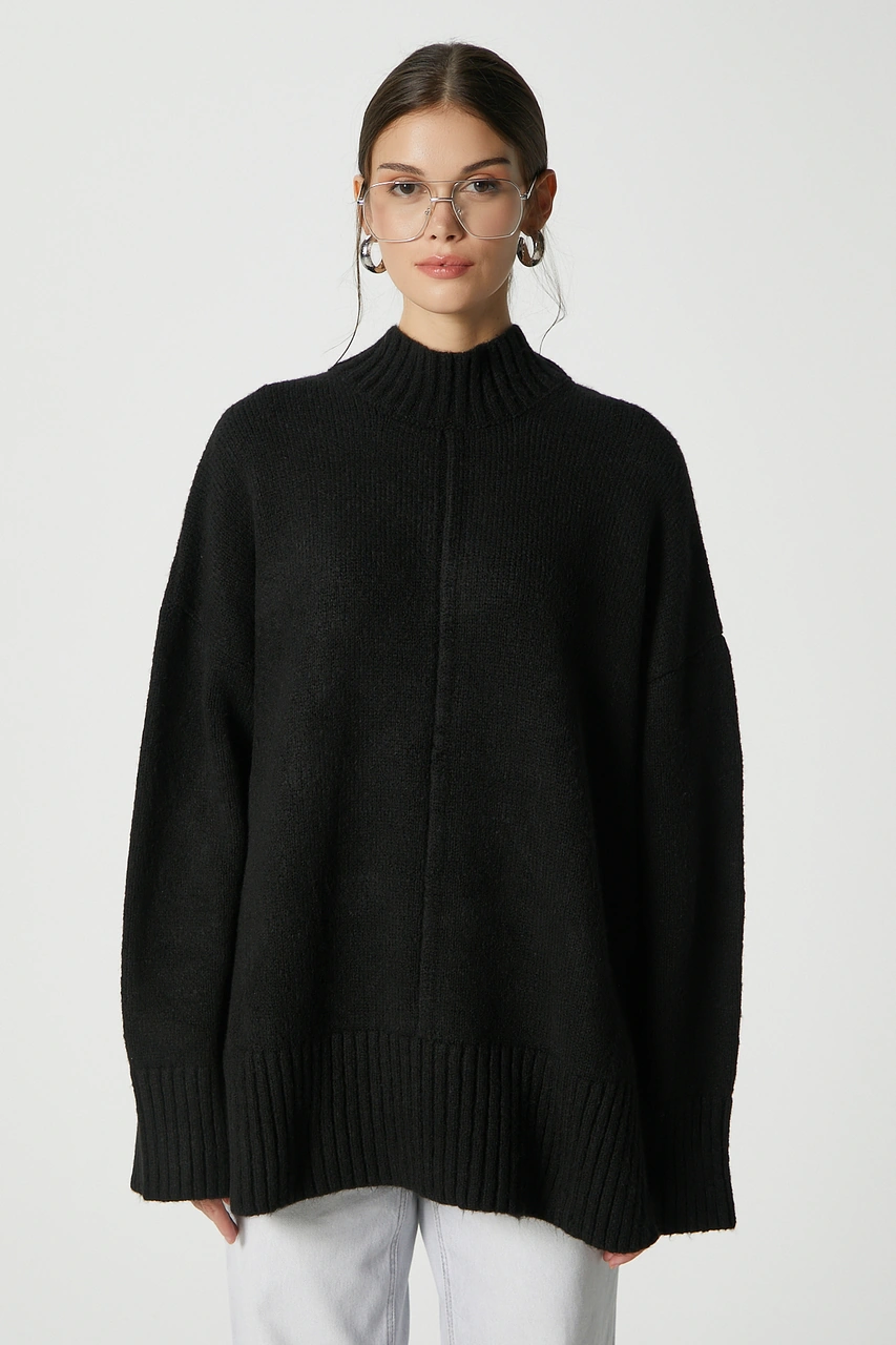 Ritnice Kadın Wonder Yumuşacık Dik Yaka Siyah Yırtmaçlı Oversize Triko Kazak Siyah
