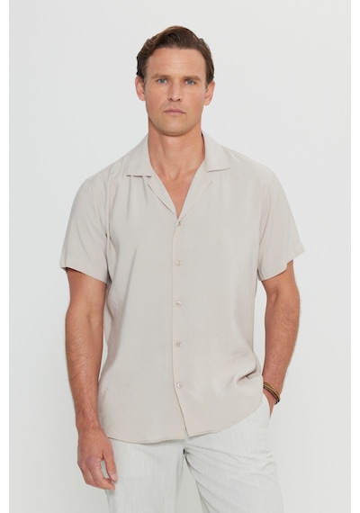 AC&Co / Altınyıldız Classics  Erkek Bej Yumuşak Dokulu Comfort Fit Rahat Kesim Hawai Yaka Gömlek Bej