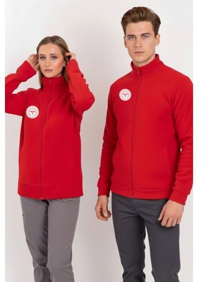 Unisex Kırmızı Renk Sağlık Bakanlığı Logolu Fermuarlı Polar Kırmızı