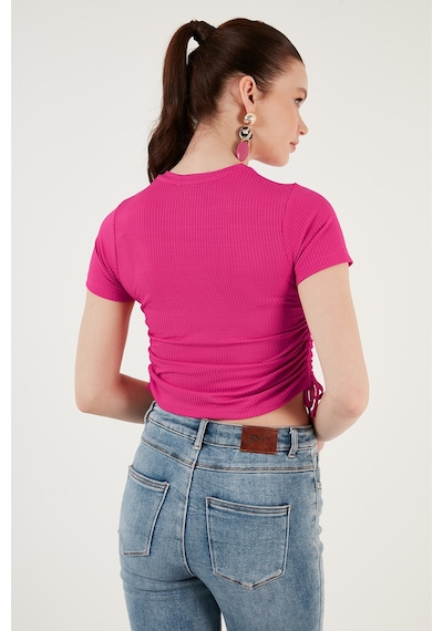 Lela Yanlardan Büzgülü Kısa Kollu Crop Bayan Bluz 5864010 Fuşya