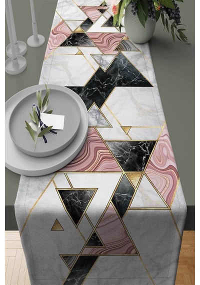 Pembe Geometrik Desenli Premium Masa Örtüsü Runner Rnr092n11