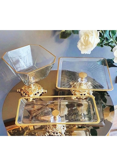 Elta Collection Gold 3 Parça Pasta Sunumluk Set Kurabiyelik & Servis Tabağı - Elta Collection Altın