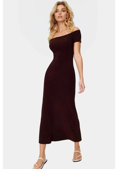 Ersefa Yazlık Bodycon Maxi Elbise 96% Polyester Carmen Yaka Kısa Kollu Y Kahverengi
