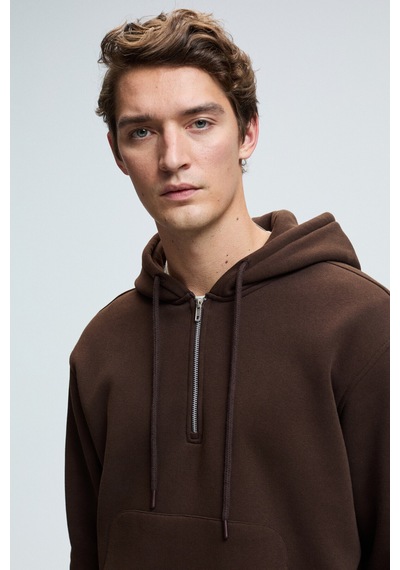 Grimelange JUSTUS Erkek Kapüşonlu Kanguru Cepli Fermuar Yakalı Kahverengi Sweatshirt