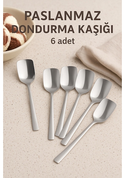Paslanmaz Çelik 6'lı Sade Şık Dondurma Kaşığı Metalik