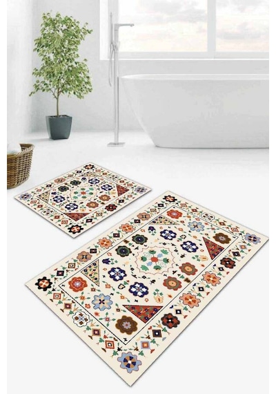Krem Etnik Desen Banyo Halısı Klozet 2'li Paspas Seti Bs040n11