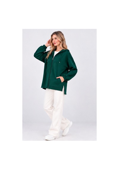 Fiolin Kristal 2 İplik Salaş Fermuarlı Sweatshirt Zümrüt Yeşili