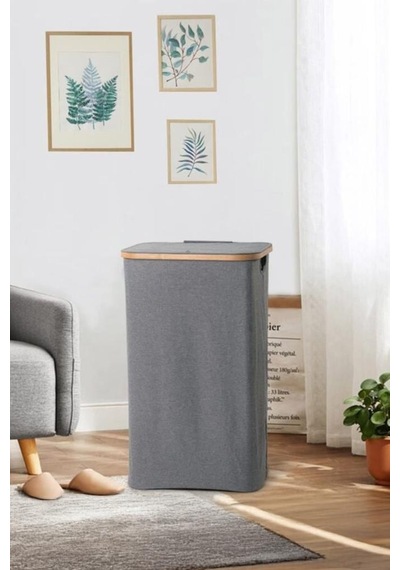 Mien Bambu Kenarlı Kumaş Katlanabilir 100 Lt Çamaşır Sepeti 44x33x70 Gri