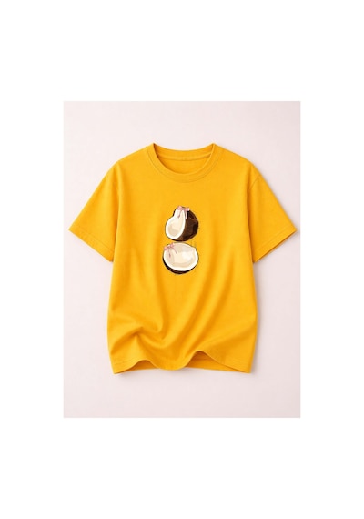 Herkesemoda Coconat Baskı Detaylı Kadın Bisiklet Yaka Pamuklu T-shirt Sarı