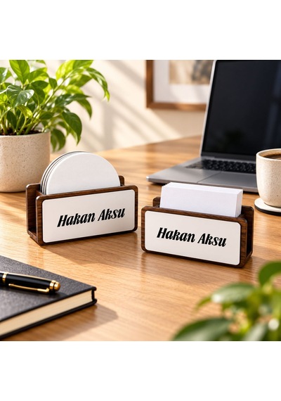 Bk Gift Kişiye Özel Ahşap Masaüstü Stand Kartvizitlik Ve Bardak Altlığı Tutucu Çok Renkli