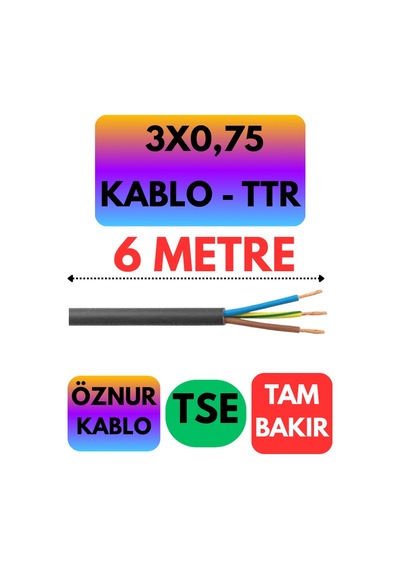 Öznur 3x0,75 Ttr Kablo Siyah Metre Seçenekli - 6 Metre