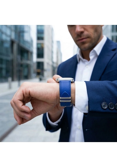 Goldoni Apple Watch Uyumlu Koyu Mavi İnce Gerçek Deri Kordonu Metal Köprülü