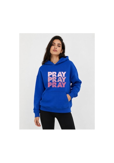 Herkesemoda Pray Baskılı Kapüşonlu 2 İplik Şardonlu Sweatshirt Mavi