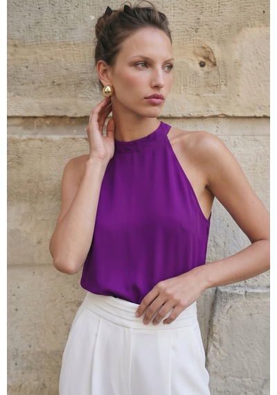 Sateen Halter Yaka Bluz - Mor-137732