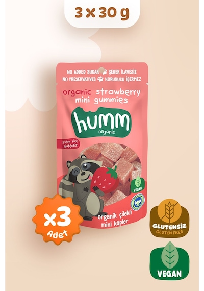 Hummorganic Organik Glutensiz Vegan Çilekli Mini Küpler Atıştırmalık Paketi - 3 adet