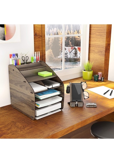 Mingitav Design Otto Large Modest - 6 Renk A4 Evrak Rafı Masaüstü Organizer Düzenleyici Ceviz Genel