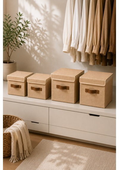 Dolap Düzen Seti 4lü Organizer Kutu 2 Adet 20x20x20 Cm + 2 Adet 25x25x25 Cm Kapaklı Jüt Saklama Kutusu Doğal