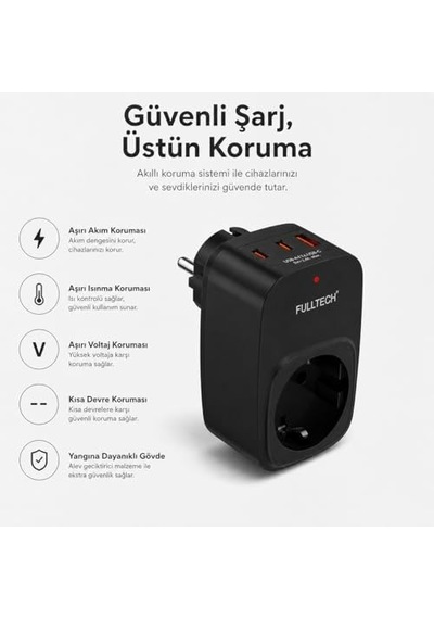 Akım Korumalı Priz, Tekli Priz, Usb Li Priz Ve Type-c Priz, Priz Çoklayıcı, Voltaj Korumalı Priz, 16a 3680w Duvar Tipi Siyah